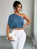 Ropa de mujer sexy de moda transfronteriza, top versátil de manga corta, de un solo hombro, descubierto, entallado a la cintura, corto, que muestra el ombligo