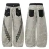 Jeans unissex original para outono/inverno, estilo de rua americano, patchwork de estampa de leopardo, perna larga, design de caimento solto, perna curva, moderno