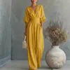 2026 Verão Novo Europeu e Americano Transfronteiriço Decote V Cintura Marcada Perna Larga Macacão Feminino Temperamento Emagrecedor Cor Sólida Calça Longa Em Estoque