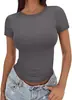 2025 Amazon Europeu e Americano Novo Camiseta Feminina Look Emagrecedor Gola Redonda Justa Sexy Tops de Verão Roupas Femininas