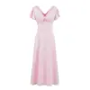 Vestido de comprimento médio com design romântico doce estilo europeu e americano, emenda de renda, decote V, acinturado, no mesmo estilo da casa