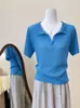 Camisa de Punto Ligera Color Verde Claro con Cuello Polo de Manga Corta Estilo Old Money para Mujer, Top Corto Transpirable de Seda de Hielo Hueco para Verano, Ajuste Delgado Elegante