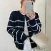 Cardigã listrado com blocos de cor simples estilo coreano, gola redonda, para mulheres, nova jaqueta de malha macia casual slim fit