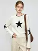 Tricô jacquard simples e estiloso com padrão de estrelas, manga longa, para mulheres, estilo outono precoce, versátil com mangas levemente flare, suéter de outer wear macio e aconchegante