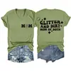 Glitter e sujeira mãe Amazon Wish site independente moda casual feminina camiseta gola V manga curta