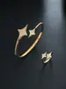 Conjunto de Pulseira e Anel Estrela de Quatro Pontas Totalmente Cravejado Novo Mais Vendido Cruzado Leve Luxo Alto Padrão Versátil Aberto Feminino
