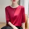 Estilo nuevo de verano, satén de acetato, cuello redondo, manga tres cuartos, top tipo camisola de color liso, prenda exterior talla grande para mujer