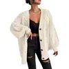 Nuevo cárdigan de punto grueso transfronterizo para otoño e invierno para mujer, estilo holgado y casual, cuello en V, manga larga, prenda exterior cálida, chaqueta de punto