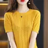 Verão Novo Estilo Algodão Puro Gola Redonda Vazado Manga Curta Design Versátil Camiseta Simples e Elegante Malha Vazada Atacado