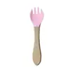 Colher e garfo de silicone para crianças com cabo de madeira, utensílios de treinamento para autoalimentação de bebês, colher e garfo para comida de bebê
