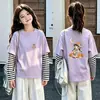 Nova Estilo Primavera e Outono 2026 Camiseta de Algodão Puro Patchwork Manga Longa para Meninas Estilo Coreano Gola Redonda Camiseta Básica Top Fofo para Crianças Maiores