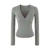 Top básico de manga larga para mujer, escote en V profundo, corte bajo, ajuste ceñido, colección de otoño, adelgazante, ajustado, camiseta sexy