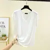 Camiseta básica versátil de cuello en V con mangas acampanadas estilo coreano para mujer, nuevo modelo de verano, camiseta sin mangas de modal, top holgado y cómodo de talla grande
