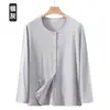 Camisa de Algodão Puro com Botões para Ar Condicionado para Homens de Meia-Idade e Idosos, Conjunto de Pijama de Manga Longa, Cardigã Fino Solto de Verão, Roupa de Casa