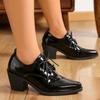 Zapatos de Cuero Estilo Británico para Mujer 2026 Nuevo Estilo Primavera y Otoño Poco Profundos de Tacón Alto Tacón Grueso Talla Grande con Cordones Puntiagudos Zapatos de Salón