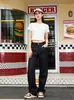 Calça Jeans Wide Leg de Sarja Crua com Bordado nas Bordas dos Bolsos, Novo Estilo de Primavera para Homens, Calça Longa Casual Solta Emagrecimento para Mulheres, Tendência