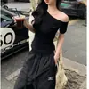 Camiseta de Manga Corta con un Hombro Descubierto, Estilo Americano Picante y Sexy, 210g, para Mujer, Entallada a la Cintura, Adelgazante, Versátil, Venta al por Mayor Transfronteriza, Colección Verano 21