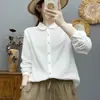 Camisa de manga larga de gasa de algodón de doble capa para mujer, tapeta de encaje artístico estilo francés con botones de dos tonos, top suave de algodón puro y amigable con la piel