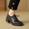 Otoño 2024 Nuevos Zapatos de Cuero Retro Británicos de Punta Cuadrada Tacón Grueso Suela Gruesa para Mujer Piel de Oveja Tacón Medio Boca Profunda Zapatos con Cordones