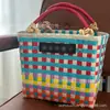 Bolsa de palha trançada artesanal, bolsa de piquenique de férias feminina, bolsa tote listrada colorida, bolsa de ombro, adequada para o dia a dia, compras e como uma cesta de compras de grande capacidade