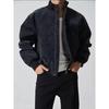 Chaqueta de Cuero para Hombre con Cuello Alto, Empalme de Gamuza Blanca y Gris, Otoño, Marca de Tendencia Retro Americana, Holgada, Chaqueta de Motociclista