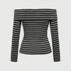 Top de una sola manga larga a rayas de color blocking retro de otoño estilo Ins, estilo americano con patrón cruzado y pedrería, estilo europeo y americano