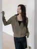 3754 # Cardigan de tricô com capuz e zíper na cor marrom para mulheres, soltinho e modelador, peça de outer wear casual para primavera e outono