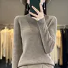Camisa básica gola alta canelada premium 100% lã sem costura, ajuste slim, cor sólida, suéter afunilado, top versátil para mulheres