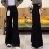 Jeans Preto Micro-flare Feminino Outono e Inverno com Forro de Lã Tamanho Grande Menina Cheinha Calça Reta Solta Emagrecedora de Perna Larga