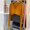 Impresionante Chaqueta Cardigan de Punto Naranja con Cuello en V, Estilo Perezoso Chic con Volantes, para Mujeres Menudas de Principios de Otoño