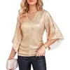 Amazon Transfronterizo Top de Mujer Holgado con Cuello en V Lentejuelas Mangas de Campana Nuevo Moda Casual Tendencia Camiseta Estilo Vacacional