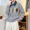 Cárdigan de punto retro estilo coreano con parche de mezclilla de patrón de diamantes y cuello polo, nuevo suéter de bloques de color para otoño/invierno, prenda de abrigo para mujer