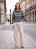 Suéter POLO jacquard em blocos de cor retrô transfronteiriço europeu e americano da Amazon para mulheres, novo top de tricô solto para outono e inverno