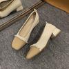 Primavera de 2026 Novo Estilo Inspirado em Chanel Pérola Bico Quadrado Color Block Raso Moda Salto Grosso Feminino Ol Salto Alto Sapatos Profissionais