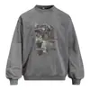 Moletom com Capuz Estampa de Retrato Criativo Gola Redonda Masculino Primavera e Outono Solto Tendência Lavado Vintage Flor Frita Pulôver Roupa Esportiva
