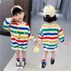 Primavera y Otoño Nuevo Estilo Princesa Ropa Exterior para Niñas Vestido Suéter de Longitud Media Rayado Moda Lindo Vestido Top