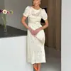 Vestido Temperamento Estampado de Alta Qualidade Francês Feminino 2026 Novo Mais Vendido Gola Redonda Manga Curta Cintura Alta Longo Transfronteiriço