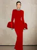 Vestido de Vendaje Elegante para Fiesta 2026 Estilo Europeo y Americano Transfronterizo Cuello Medio Alto Manga Acampanada Banda de Perlas y Pedrería Vestido Largo