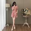 Conjunto Casual Elegante de Moda para Mulheres 2026 Verão High-End Rosa Manga Curta Conjunto de Duas Peças