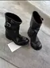 Botas de Tornozelo de Couro de Vaca Super Macias Estilo Retrô para Mulheres com Fivela Botas de Cavaleiro Salto Bloco Botas de Cano Alto até o Joelho Bico Redondo Dobradas Botas de Cano Alto com Salto Empilhado