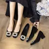 2026 Zapatos de Salón de Tacón Medio con Hebilla Cuadrada de Pedrería para Mujer, Zapatos de Punta Cuadrada Bajos, Estilo Francés, Temperamento, Para Viajar, Mocasines de Tacón Grueso para Mujer