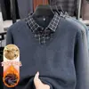 Suéter para Hombre con Forro Polar, Grueso y Cálido, Cuello Camisero, Para mediana edad y mayores, Falso dos piezas, Ropa de Papá, Prenda de Invierno