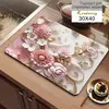 Tapete Decorativo Florido Estereoscópico 3D para Cozinha de Terra de Diatomáceas Drenante Tapete Decorativo Absorvente de Água para Bancada Tapete Decorativo de Isolamento Térmico para Café