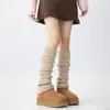 Polainas de Tricô Femininas Outono Inverno Meias Largas Malha de Trança Quentes Longas Estilo Japonês Polainas de Lã Emagrecedoras Cor Sólida