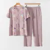 Pijama de Algodão Puro Fino de Verão para Mulheres de Meia-idade e Idosas, Cardigan Suéter de Manga Curta para Casa, Conjunto Completo de Algodão com Gola Redonda e Botões