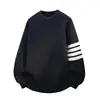 Suéter de Punto para Hombre Cuello Redondo Cuatro Rayas Otoño Invierno Calibre Grueso Engrosado Mangas Rayadas Holgadas Top Pulóver