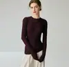 Suéter ajustado de cuello redondo 100% lana para mujer, nueva camiseta base de punto de manga larga para otoño e invierno, color liso, suéter simple y versátil