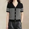 Cárdigan de Punto Rayado Hueco de Manga Corta para Mujer, Verano Simple de Moda Holgado Delgado Top Camiseta