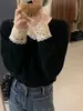 Blusa feminina de malha macia, justa, estilo francês doce, com renda, decote V, mangas compridas, para primavera, outono, inverno, com laço