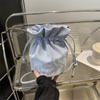 Bolsos para mujer, color puro, estilo extranjero, nuevo estilo coreano, bolso tipo cubo 2024, bolso bandolera de un solo hombro con cordón, pequeño, azul y blanco